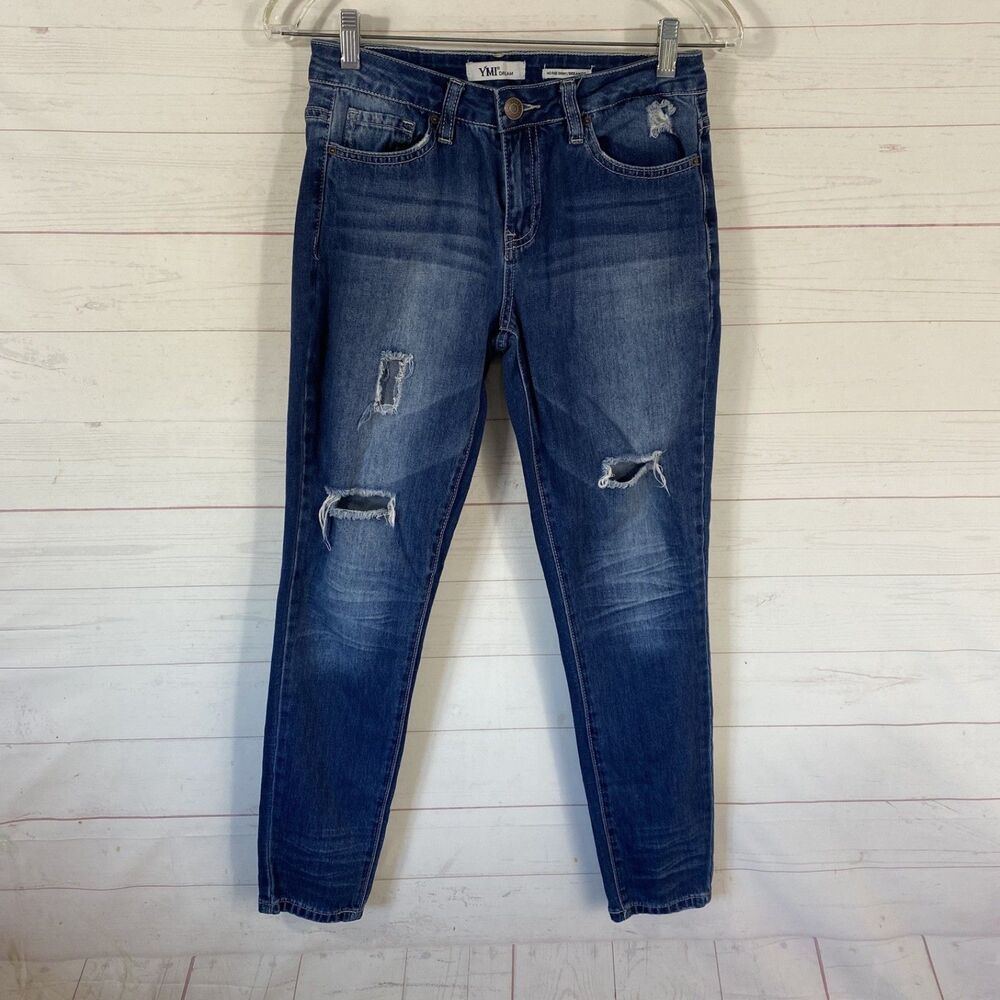 YMI Womens Distressed Mid Rise Skinny Ankle Dream Fit Jeans Sz 5 Blue Stretch